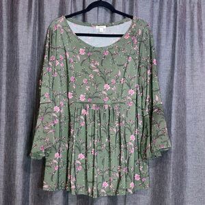 Westport Green Floral Blouse with Pink Accents